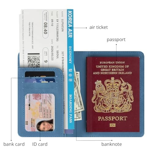 Cinocratic Passport Holder for Travel Accessories,RFID Blocking PU Leather Passport Cover Wallet Card Case for Men and Women (Blue) — view 2