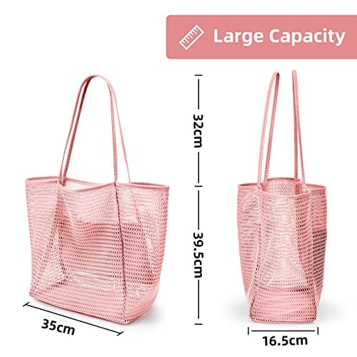 KALIDI Mesh Tote Bag,23L Beach Bag Extra Large Tote Bags for Women with Zip Pocket Shoulder Bag Summer Beach Bags Reusable Shopping Bag for Picnic Holiday Travel Grocery,pink — view 4