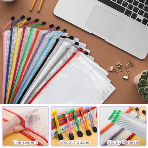 A4 Plastic Zip Folders - 24 PCS Zipper File Bags Mesh Zip Lock Document Wallet Holder Travel Storage Pouch for Office Supplies and Travel Accessories, Waterproof, A4 Size — view 3