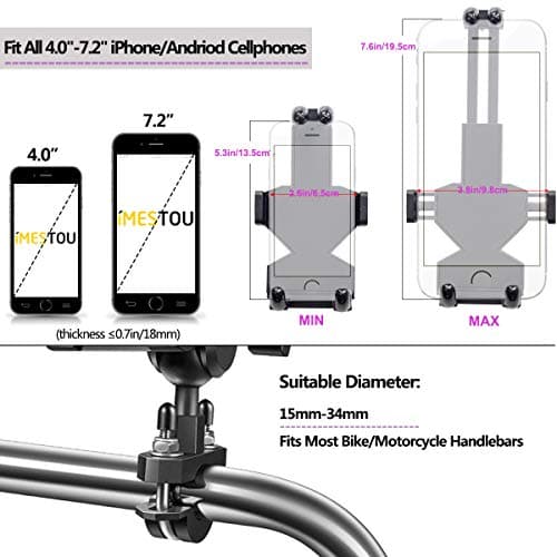 iMESTOU Aluminium Motorcycle Phone Mount U-Bolt Handlebar 1" Ball Stem Cellphone Holder 360 Rotating Universal for 4.0“-7.2” Large Phones — view 4