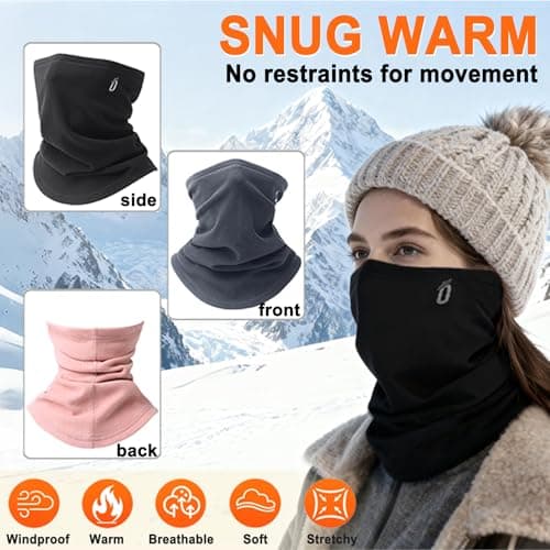 Oscenny Snood,Soft Windproof Breathable Stretchy Thermal Fleece Snood Neck Warmer Face Mask Cover Scarf Quick Dry for Cycling,Motorcycle,Running,Work for Cold Windy Weather Winter(Black) — view 3