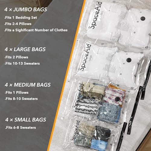 SpaceAid 20 Pack Vacuum Storage Bags, Space Saver Sealer Compression Bags for Comforters, Blankets, Pillows, Bedding, Clothes (4 Jumbo/4 Large/4 Medium/4 Small/4 Roll) — view 3