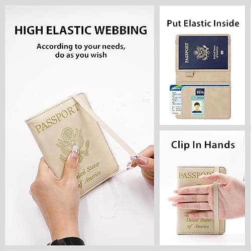 Melsbrinna Premium Leather Passport Holder Covers Case, Waterproof RFID Blocking Travel Wallet Passport Holder with Pen Holder, Cute Passport Book for Women/Men, ELA-Beige, 5.7 x 4.72 x 0.66 inches — view 2