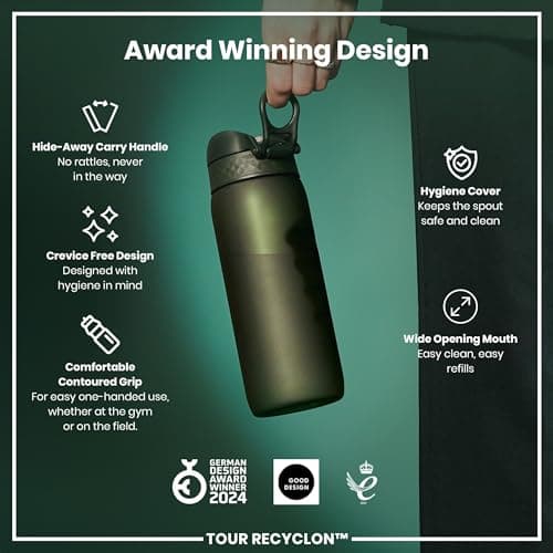 ION8 Sports Water Bottle, 750 ml/24 oz, Leak Proof, Easy to Open, Secure Lock, Dishwasher Safe, BPA Free, Flip Cover, Carry Handle, Soft Touch Contoured Grip, Easy Clean, Odour Free, Dark Green — view 6
