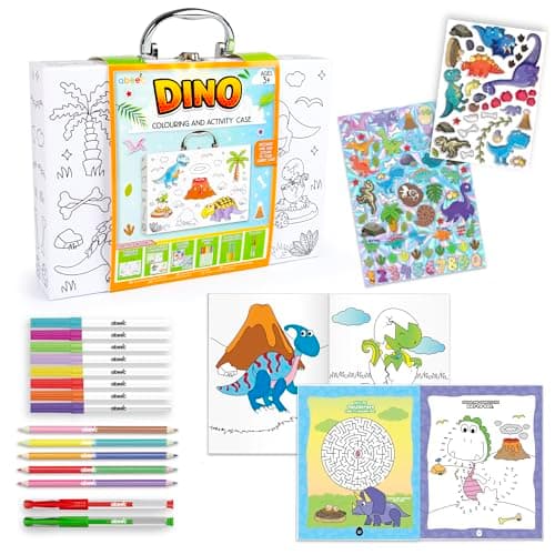 abeec Dino Colouring & Activity Case | Arts & Crafts for Kids | Colouring & Activity Book with Stickers, Markers, Pencils & Gel Pens | Dinosaur Travel Set & Creative Gift for Boys & Girls