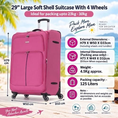 DK Luggage 29" Large Lightweight Suitcase Expandable Soft Shell 4 Wheel Spinner Check in Luggage for 23kg - 30kg (DK108 Pink, 29" Large) — view 2
