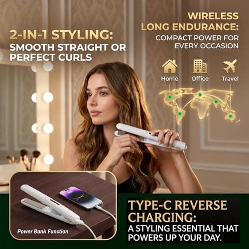Mini Hair Straightener Rechargeable,2in1 Cordless Hair Straighteners and Curler,Mini Hair Straightener Wireless,Rechargeable Ceramic Mini Portable Curling Iron with 2600mah (White) — view 6