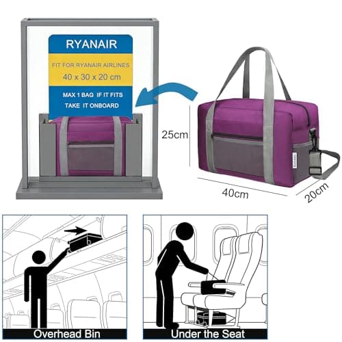 for Ryanair Cabin Bags 40x30x20 Underseat Airlines Cabin Bags 40x20x25 Travel Duffel Bag Carry On Hand Luggage Overnight Bag for Women Men 20L (Purple) — view 2