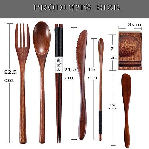 Busnos 9-Piece Wooden Cutlery Set Portable Reusable Bamboo Utensils Travel Cutlery Utensils Set with Case, Including Reusable Knife Fork Spoon Chopsticks — view 4