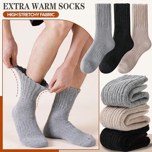 Sandsuced Merino Wool Thermal Boot Socks for Men Women Winter Warm Thick Cosy Walking Hiking Work Stocking Fillers Socks 3 Pairs(Black/Grey/Beige,M) — view 6
