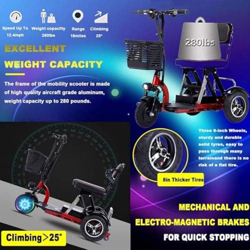 3 Wheel Mobility Folding Mobility Lightweight Travel Mobility with Charger and Basket for Shopping Outdoor Seniors Adults Handicapped Elderly (2) — view 6