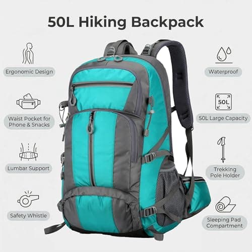 NTUOCAW 50L Hiking Backpack for Men Women,Large Lightweight Waterproof Camping Rucksack,Green Travel Backpack for Trekking,Outdoor Sports,Cycling,Climbing,Mountaineering — view 3