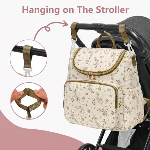 SDSFGX Floral Nappy Changing Bag Backpack Cotton Quilted Diaper Rucksack for Mums Baby Travel Backpack with Stroller Strap — view 5