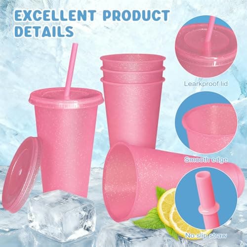 HJLIKE 12 Pack 710ml Reusable Plastic Cups with Lid Straws Letter Stickers and Cleaning Brushes, Glitter Water Cold Coffee Tumber for Birthday Hen Do Party Travel Beverages Drinking (Glitter Pink) — view 2