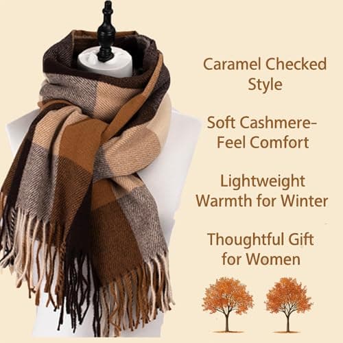 Women's Brown Check Scarf, Rectangular Fringed Wrap, Neutral Tones — view 2