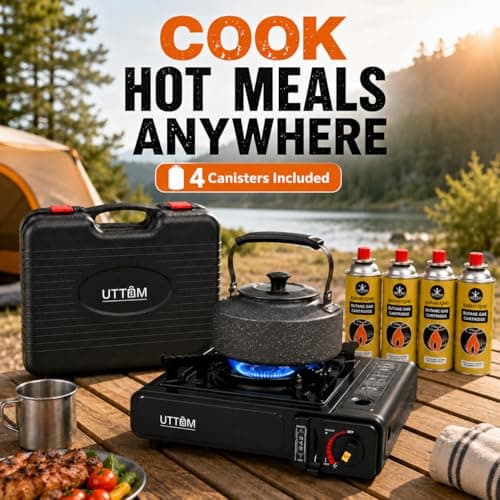 UTTAM Black Portable Camping Stove with Carry Case | Gas Camping Stove with Automatic Ignition & Heat Control (Includes 4 Butane Gas Cylinders) — view 5