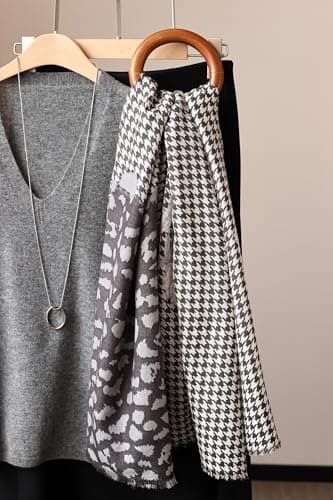 100% Wool Pashmina Blanket Travel Shawls Cashmere Wrap for Women Fall Winter Scarf, Thousand Bird Check + Leopard Graphite Color, 29"x78.7" — view 5