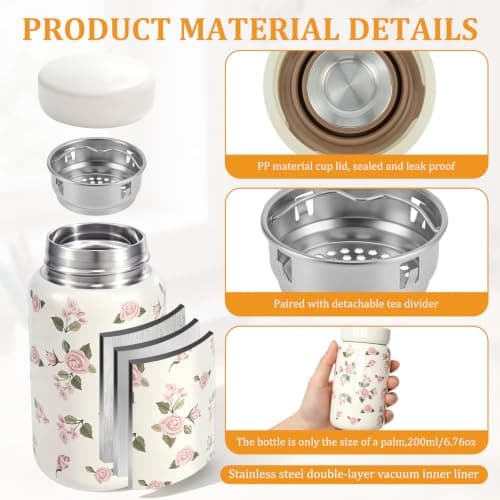 Small Water Bottle with Rose Print,200ml Mini Water Bottle,Double-Wall Vacuum Insulated Small Flask for Hot & Cold Drinks,Portable Leakproof Travel WaterBottles for Handbag,Yoga,Sport,Work(White) — view 3