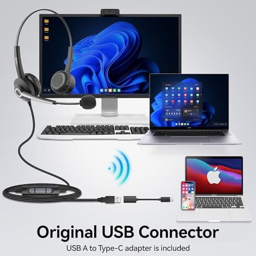 Wantek 682N Headsets with Microphone Noise Cancelling and USB Connector Type C Adapter for Call Center Computers PC Office Business Calls Online Conference Team Meetings Gaming Music — view 5