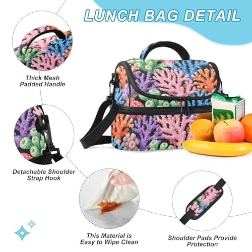Caihoyu Double-layer Lunch Bag Colorful Corals Lightweight Leakproof Bags with Shoulder Strap for Beach, Camping, Road Trips — view 4
