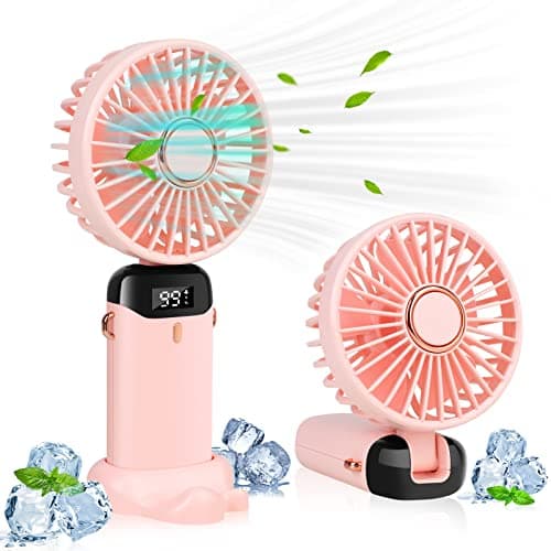 LYMYBETY Portable Handheld Fan, 4000mAh Mini USB Rechargeable Fan with Digital Display, Small Personal Pocket Fans with 5 Speeds, Hand Held Fans with Lanyard and Base for Home Travel (Pink)