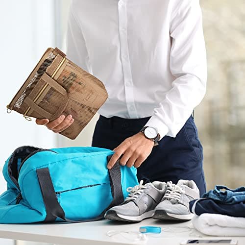 DV Lifestyle Mesh Shower Bag 25 x 26cm Caddy with Zipper & 2 Pockets. Quick-Dry Portable Toiletry Tote for Bathroom, Gym, Travel, Camp, Beach, for Sunscreen, Dorm & College Essentials (Brown) — view 5