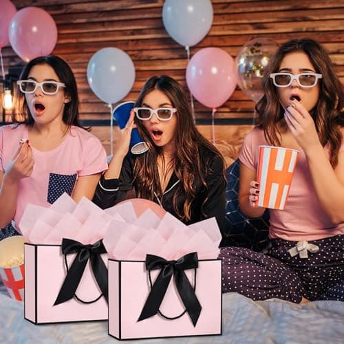 BBLIKE Medium Gift Bags for Present - 2 Pcs Birthday Gift Bag with 4 Wrappers and 2 Cards, Luxury Paper Bags with Handles for Girls Womens Wedding Party Christmas Valentines Bridesmaid (Pink Black) — view 6