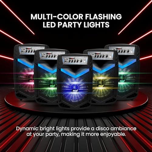 Pyle, Portable PA Speaker, Bluetooth- Loudspeakers, 600W Rechargeable w/ 10” Subwoofer 1” Tweeter, Pa System w/Wireless Microphone, Dj Speakers, w/Recording Function/Mic Input/Lights/USB/SD/Radio — view 4
