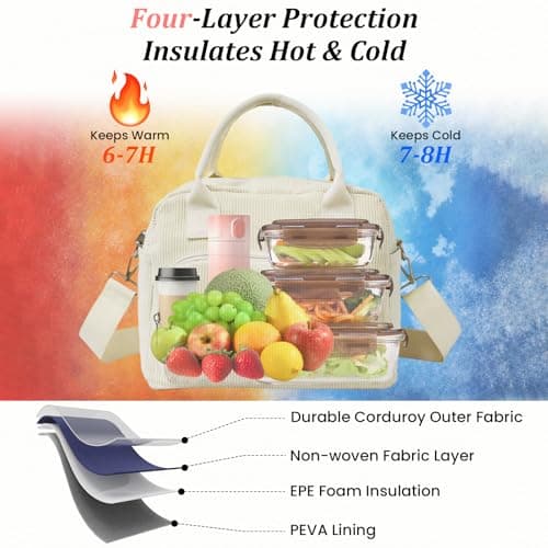 BotaBay Insulated Lunch Bag for Women, 12L Large Lunch Box with Adjustable Shoulder Strap, Multi-Pocket Reusable Lunch Tote, Portable Cooler Bag for Work, School, Travel & Picnic (White) — view 3