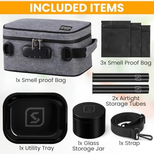 Smell Proof Bag with Lock | Odor Control Travel Organizer | Activated Carbon Smell Proof Container with Accessories | 3 Resealable Bags, 2 Airtight Storage Tubes, Tray & Glass Jar | 12-Month Warranty — view 5