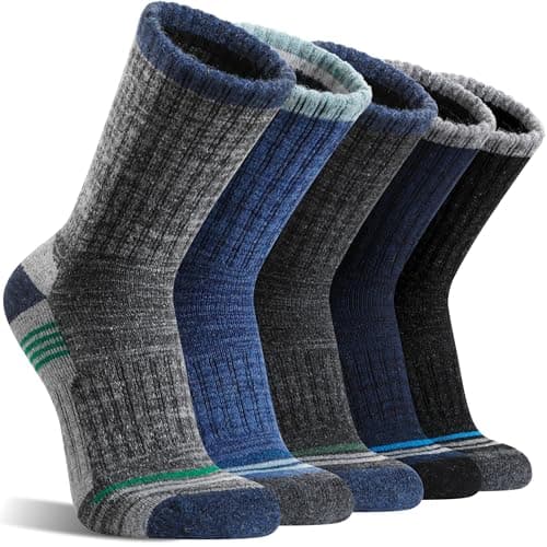 MOGGEI Mens Merino Wool Hiking Socks Thermal Warm Winter Breathable Cushioned Cosy Crew Socks for Walking Trekking Outdoor Sport 5 Pairs, UK Shoe Size 7-11(Grey/Blue/Dark Blue/Black)