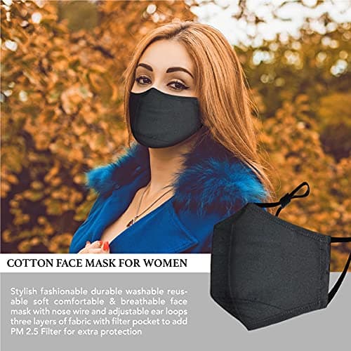 Cotton Face Mask 5 Pack | Handmade in UK Washable Reusable with Nose Wire | Filter Pocket | Adjustable Ear Loops | 3 Layers Cloth Face Masks for Women Men — view 6