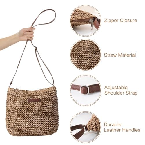 Businey Straw Bag for Women, Summer Straw Beach Crossbody Bags for Women with Zipper Adjustable Strap, Bohemian Weave Handmade Shoulder Handbags for Holiday Beach Travel — view 4