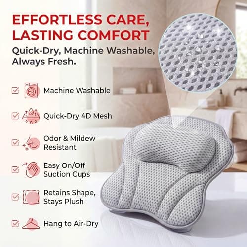 Bath Pillow LAVISMA Ergonomic Bathtub Cushion with 4D Breathable Mesh, Head, Neck, Shoulder & Back Support, 6 Strong Suction Cups, Quick Dry Spa Pillow for Bathtub Jacuzzi Hot Tub - Light Grey — view 5