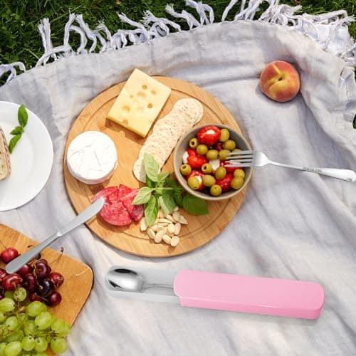 HOTUT Travel Cutlery Set, 3 PCS Cutlery Set with Portable Pouch Case, Reusable, Stainless Steel Flatware, Portable Utensils for Outdoor Travel Picnic Office School Lunch Box - Pink — view 6