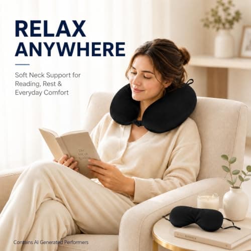 RAINFLOW Travel Neck Pillow Set - Black Memory Foam Cushion with Eye Mask — view 6