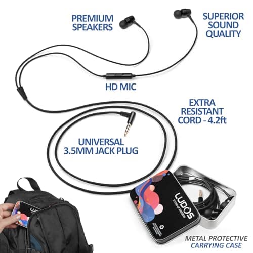 Ludos OMNITONE Wired Earbuds in-Ear Headphones, Earphones with Microphone, 5 Years Warranty, Noise Isolation Corded for 3.5mm Jack Ear Buds for iPhone, iPad, Samsung, Computer, Laptop, Gaming, Sports — view 2