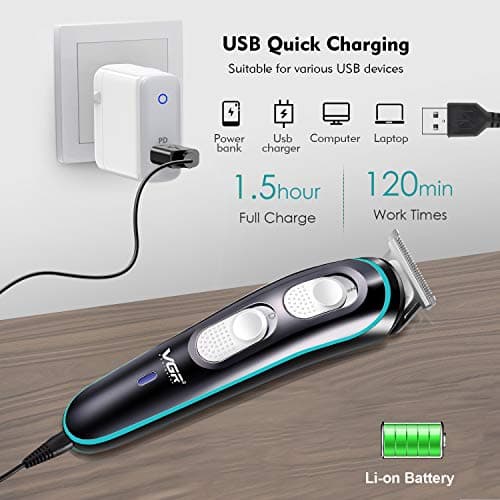 VGR Electric Beard Trimmer for Men, Cordless Hair Clippers, USB Rechargeable Shaver, Low-Noise Stainless Steel T-Blade Hair Cutting Kit, 120-Min Battery for Daily & Travel Use — view 2