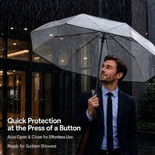 PAXQNVTR Compact Clear Umbrella, Auto Open Close Folding, Transparent, 8 Rib Tri Fold, Travel Rain Umbrella for Women and Men, White Trim (Black) — view 6