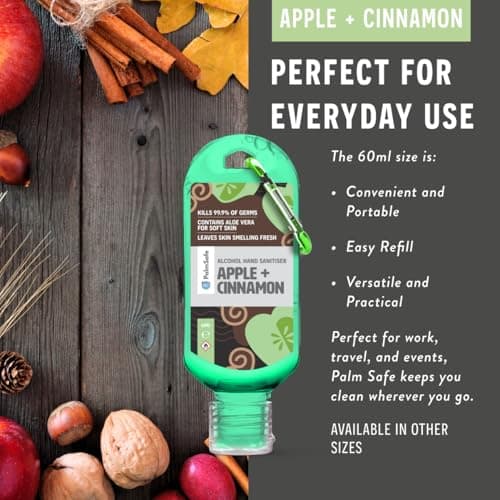 Palm Safe Apple and Cinnamon 3 Pack 60ml Anti Bacterial Premium Hand Sanitiser Travel Size Refillable Clip Bottle Quick Drying Non Sticky Extra Moisturising Kills 99.9% of Viruses and Bacteria — view 4