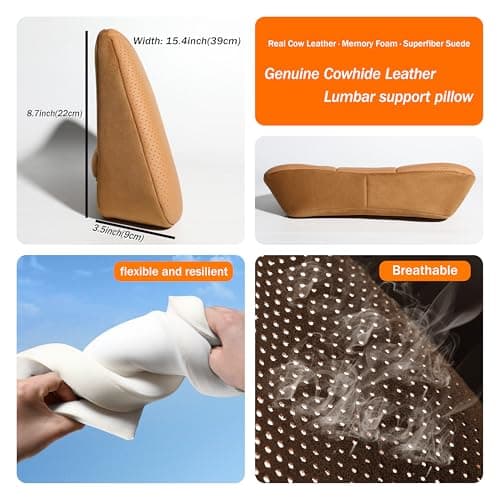 POKSRI Genuine Leather Lumbar Support Pillow,Snug Waist-Fitting Design,Memory Foam Filling,Real Cowhide,Fits Car,Office Chair & Recliner,Enhances Lumbar Alignment, Portable,15.5''L x 8.7''H — view 6