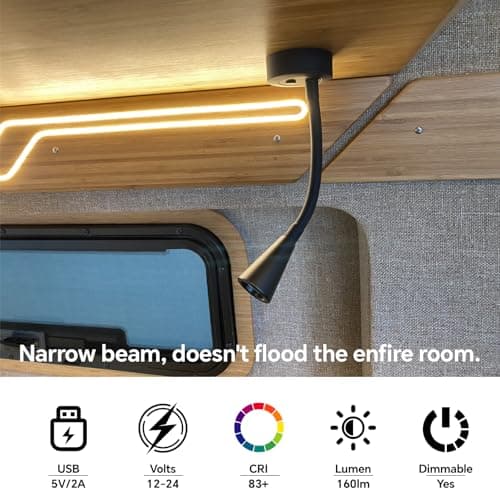 acegoo 12V LED Reading Light Campervan Boat Dimmable Reading Lamp with USB Charger Flexible Gooseneck Light for Camper Van Travel Trailer Truck Car Interior Lighting, DC 24V Hard-Wired Surface Mount — view 3