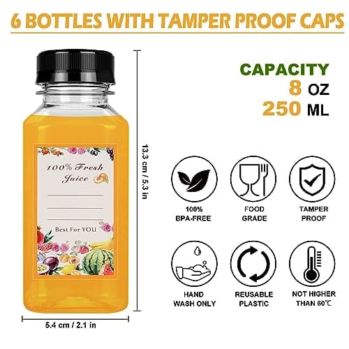 250ml Plastic Juice Bottles 6Pcs - Reusable PET Drink Bottles With Lids — view 2