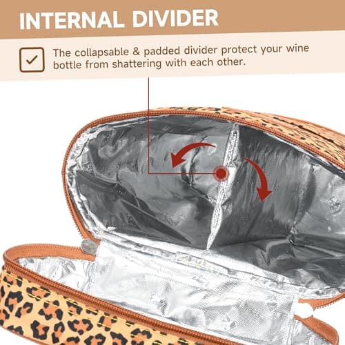 Kato Tirrinia Insulated Wine Cooler Bag Leakproof Padded Portable Wine Carrier with Shoulder Strap 2 Bottle Wine Bag for Camping Travel Beach Picnic Gift for Wine Lovers Leopard Printed — view 3