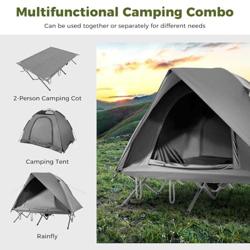 COSTWAY 2 Person Foldable Camping Tent, Elevated Tent Cot with Camping Bed, Waterproof Rainfly, 2 Mesh Doors and Wheeled Bag, Portable Outdoor Dome Tent (Round, Grey, 194 x 145 x 150 cm) — view 2