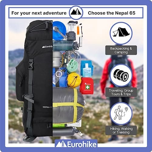 Eurohike Nepal 65 Litre Rucksack with Ventilated Back Panel & Padded Harness, 65L Backpack, Bag for Men & Women, Adjustable, Lightweight, Camping, Hiking, Trekking, Travelling, Outdoors, Black — view 6
