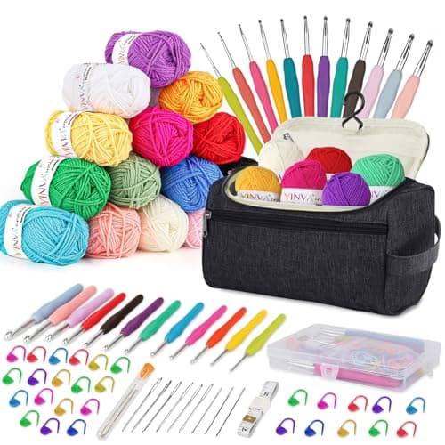 YINVA Crochet Kits for Beginners Adults Crochet Kit 15Pcsx25g Crochet Yarns Ergonomic Metal Crochet Hooks 2mm-8mm Knitting Accessories Tools Storage Case Needles Crochet Starter Kit-Black