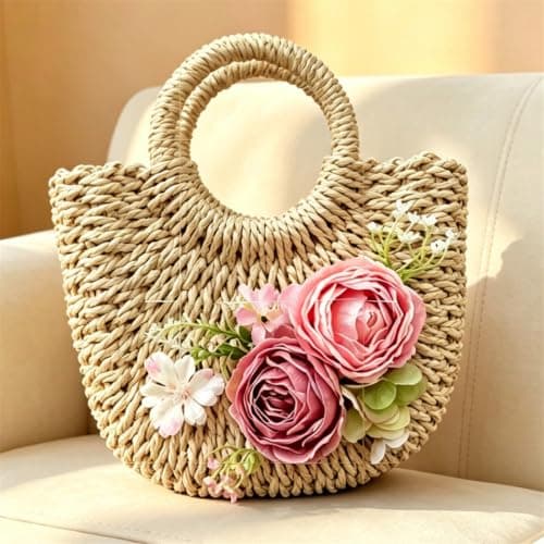 ECMQS Handle Bridal Beach Bag with Floral Woven Body, Purple — view 2