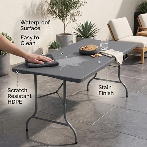 HomlyPro Heavy Duty 6FT Folding Table 180x75cm, Grey, Plastic Folding Desk Portable as Camping Table, Picnic, BBQ, Garden Outdoor and Indoor Utility Surface — view 6