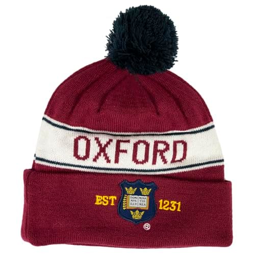 OUB102 Official Oxford University™ Pom Pom Beanie Hat Maroon | Unisex Woolly Winter Hat | Licensed Oxford Crest Embroidery | One Size Fits All
